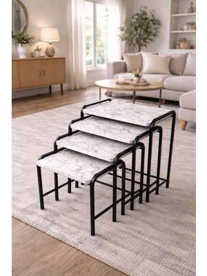 Can Vista Home Beyaz Mermer Desen Siyah Demir 4'lü Dikdörtgen Zigon Sehpa