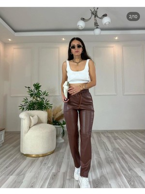 QN Kadın Lastikli Yüksek Bel Bağcıklı Deri Pantolon Kahverengi