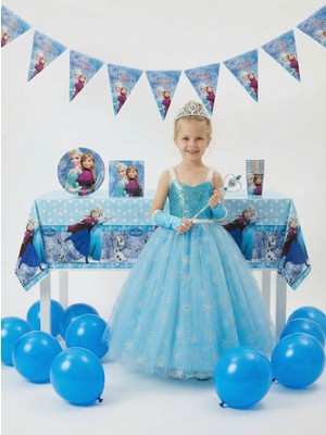 Frozen Elsa Temalı Kız Çocuk Prenses Elbise Askılı  Tüllü Kabarık  Taç Asa Eldiven + Doğum Günü Parti Seti Hediyeli 