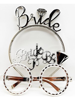 Epilons Bride Yazılı Taç ve Bride To Be Yazılı Gözlük Seti Gümüş Renk