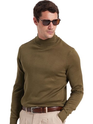 Tudors Erkek Standart Fit Normal Kesim Yarım Balıkçı Yaka Düz Haki Triko Kazak