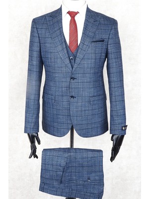 Jan Carlucci Slim Fit Sivri Yaka-Çift Yırtmaç Lacivert Kareli (Çift Taraflı Yelekli) Drop 6  Takım Elbise