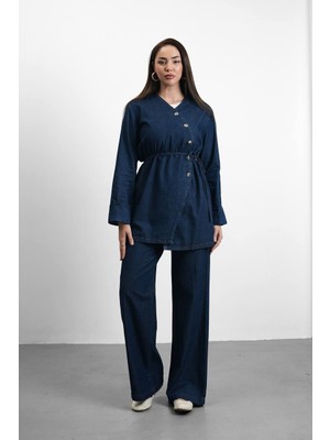 Molly Nelly Kadın Asimetrik Düğmeli Kot Pantolonlu Takım