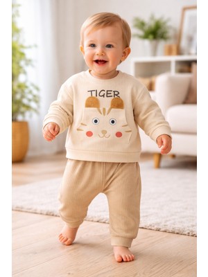 Mini Kanka Kaplan Figürlü Ribanalı Bebek Eşofman Takımı – Cepli Sevimli 2 Parça Alt Üst Set