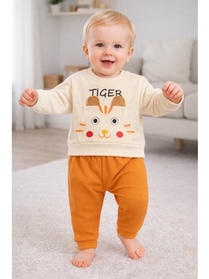 Mini Kanka Kaplan Figürlü Ribanalı Bebek Eşofman Takımı – Cepli Sevimli 2 Parça Alt Üst Set