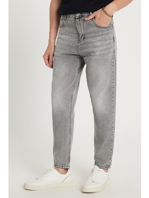 Tudors Erkek Relax Fit Geniş Kesim Boru Paça Yıkamalı Taşlamalı Boyfriend Esnek Gri Jean Kot Pantolon