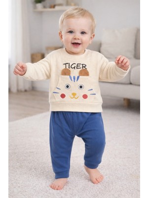 Mini Kanka Kaplan Figürlü Ribanalı Bebek Eşofman Takımı – Cepli Sevimli 2 Parça Alt Üst Set