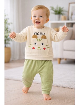 Mini Kanka Kaplan Figürlü Ribanalı Bebek Eşofman Takımı – Cepli Sevimli 2 Parça Alt Üst Set