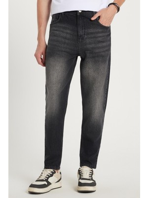 Tudors Erkek Relax Fit Geniş Kesim Boru Paça Yıkamalı Taşlamalı Boyfriend Esnek Siyah Jean Kot Pantolon