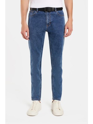 Tudors Erkek Regular Fit Yıkamalı Taşlamalı Esnek Kot Tapered Paça Pantolon Açık Mavi 5 Gözlü Cepli