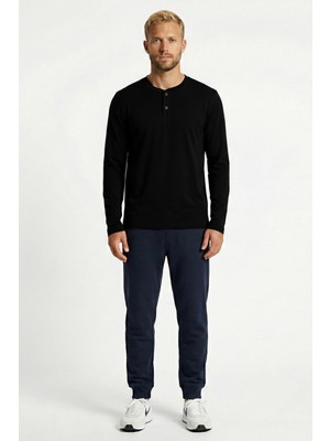 Cottonland Erkek Celso Uzun Kollu Düğmeli O Yaka Baskısız Penye Tişört Siyah