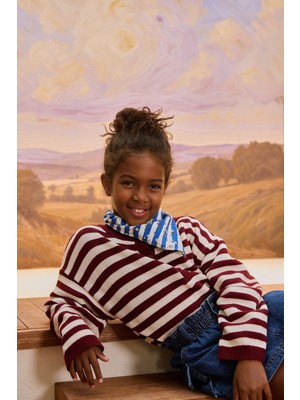 Marvy Çizgili Yünlü Kazak Bordo-Ekru