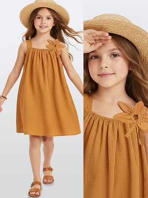 Denokids Kız Çocuk Çiçekli Elbise Hardal Sarı Ilkbahar Yaz Sezonu 5-10 Yaş