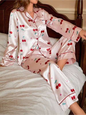 Bella Notte Saten Kiraz Baskılı Uzun Pijama Takımı