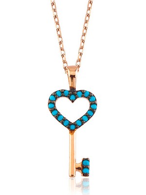 Gümüş Mavi Kalpli Anahtar Bayan Kolye