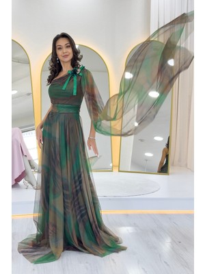  Zks Grup Tekstil- Kadın Batik Desenli Tek Omuz Tül Detaylı Abiye Elbise Mor, Yeşil, Turuncu