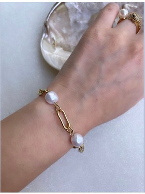 Intive Lingerie Incili Gold Renk Zincirli Minimal Çelik Bileklik