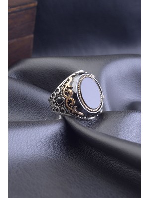 Desenli Siyah Zirkon Taş Oval 925 Ayar Gümüş Erkek Yüzük