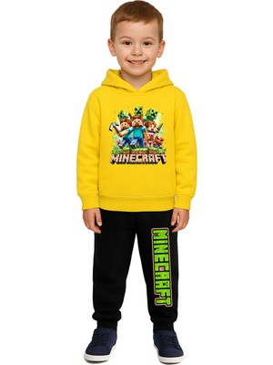 Sedirli Mınecraft Baskılı Çocuk Eşofman Takımı 3 Iplik Şardonlu Pamuklu Kumaş Kapüşonlu