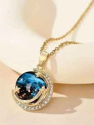 Yüksek Kalite Paslanmaz Çelik Gold Kaplama Gökyüzü Temalı Kolye | Ay Yıldız Temalı