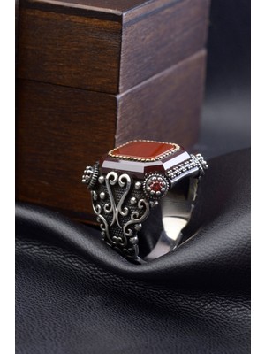 Akik Taşlı Kare Model 925 Ayar Gümüş Erkek Yüzük