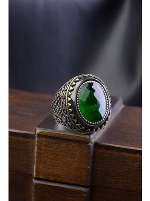 Innuendo Yeşil Zirkon Taşlı Yanları Desenli 925 Ayar Gümüş Erkek Yüzük