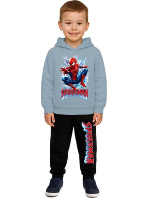 Sedirli Spiderman Baskılı Çocuk Eşofman Takımı 3 Iplik Şardonlu Pamuklu Kumaş Kapüşonlu