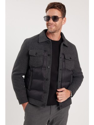 Tudors Erkek Regular Fit Klasik Kesim Çift Cepli Klasik Yaka Sıcak Tutan Siyah Kaşe Mont