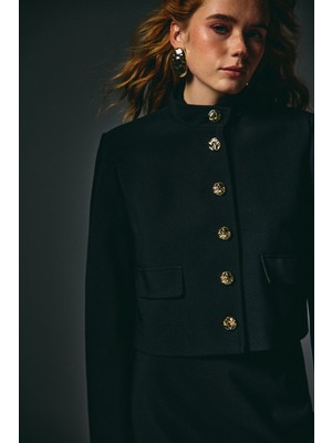 Sateen Düğmeli Kısa Ceket - Siyah