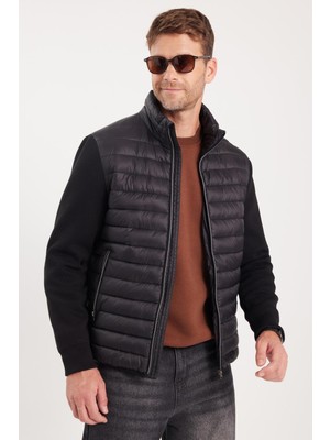 Tudors Erkek Relax Fit Rahat Kesim Kapitone Kollar Triko Çift Cepli Sıcak Tutan Siyah Mont