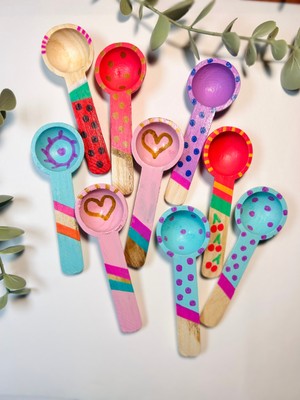 Mumbastik 3' Lü Renkli Şeker Kaşığı - 9cm Şekerlik Tuzluk Kahve Kaşık Seti -El Çizimi Tahta Kaşık -