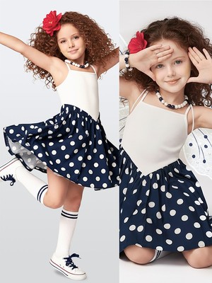Denokids Kız Çocuk Elbise Pamuk Poplin Lacivert Beyaz Puantiyeli Ilkbahar Yaz Sezonu 5-8 Yaş