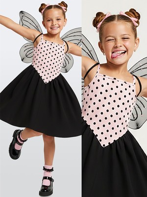 Denokids Kız Çocuk Elbise Pamuk Pembe Siyah Puantiyeli Ilkbahar Yaz Sezonu 5-8 Yaş