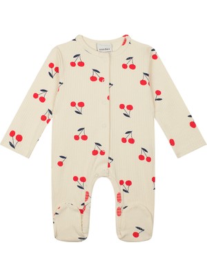 Antebies Organik Bej Kiraz Uzun Kollu Kız Bebek Patikli Tulum