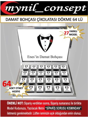 Mynil Damat Bohçası Çikolatası (Kutulu) 64 Lü - 3,6 x 3,6 cm 64 Adet Etiket + 2 Kapak Etiketi Hediye