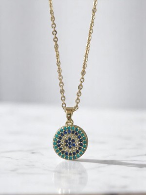 Yuvarlak Nazar Boncuğu Desenli Kolye | Altın Renk Zincirli Taşlı Takı | Göz Alıcı Kadın Kolye Modeli