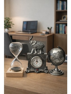 Biton Toptan 3’lü Masa Üstü Seti – Gri Fil Figürlü Saat, Manyetik Kum Saati ve Gri Dünya Küresi - Premium Hediye