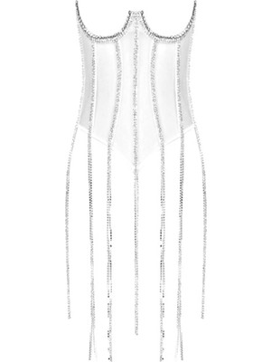 AGM Beyaz Kristal Püsküllü Korse , Abiye Taşlı Korse , Abiye Bluz, Tasarım Korse