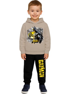 Sedirli Batman Baskılı Çocuk Eşofman Takımı 3 Iplik Şardonlu Pamuklu Kumaş Kapüşonlu