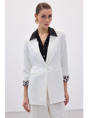Sateen Mono Yaka Klasik Ceket - Ekru-Siyah