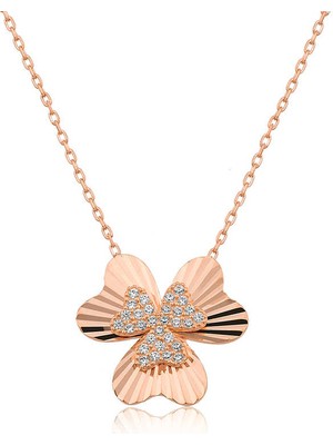 Gümüş Rose Kalp Yonca Bayan Kolye