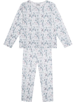 Antebies Organik Beyaz Uzun Kollu Kız Çocuk Pijama Takımı