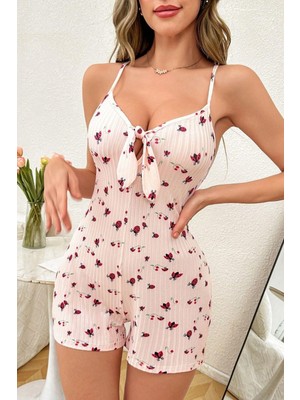 Bella Notte Toz Pembe Baskılı Bağcıklı Askılı Tulum Gecelik