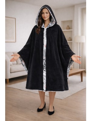 Alpin Çift Taraflı Kapüşonlu  Panço – Gazete Desenli & Düz Siyah, Oversize