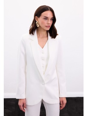 Sateen Düğmeli Klasik Ceket - Ekru