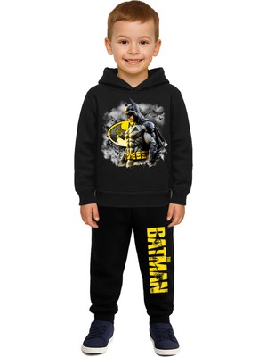 Sedirli Batman Baskılı Çocuk Eşofman Takımı 3 Iplik Şardonlu Pamuklu Kumaş Kapüşonlu