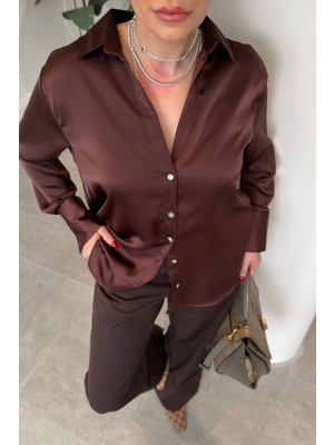 Magarde V Yaka Saten Gömlek- Kahverengi