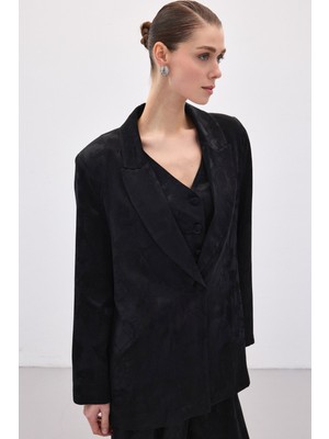 Sateen Jakarlı Uzun Ceket - Siyah