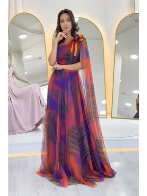 Thezkscom- Kadın Batik Desenli Tek Omuz Tül Detaylı Abiye Elbise Mor, Yeşil, Turuncu