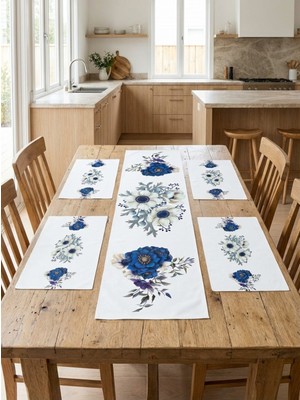 Mavi Gül Desenli Runner & 4’lü Kare Supla Takım